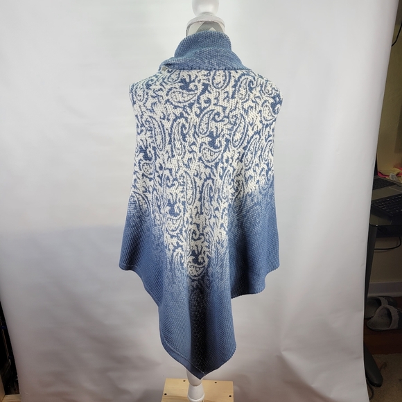 Chicos Sweater Knit Poncho Cowl Neck Denim Blue Paisly Cotton Blend One size - Picture 5 of 8